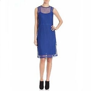 DKNY Cobalt Blue Sheer Mesh Lace Illusion Sleeveless Dress Size Large